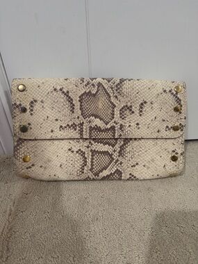 Hammitt Snake-Print Cream Clutch with Gold Stud Accents